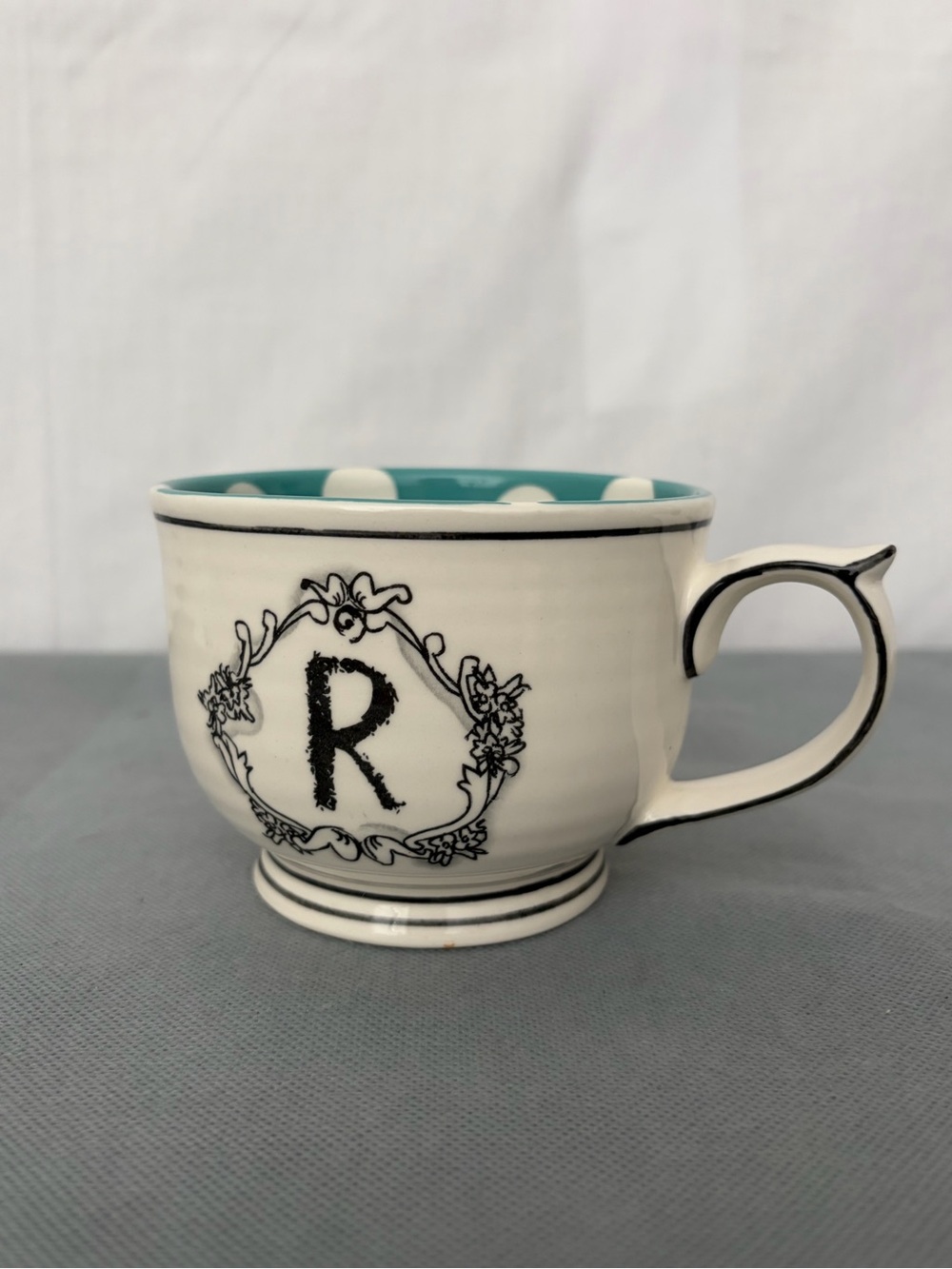 Katie Mandy Monogram R Teacup Teal Polka Dot (F253)